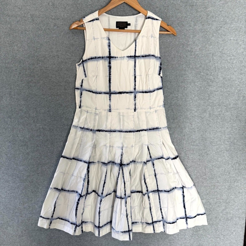 Pendleton Woolen Mills A-Line Dress Women's 6 White Geometric Pleated‎ V-Neck